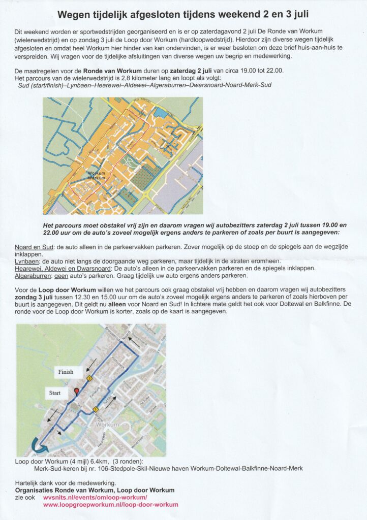Afsluiting wegen in Workum dit weekend